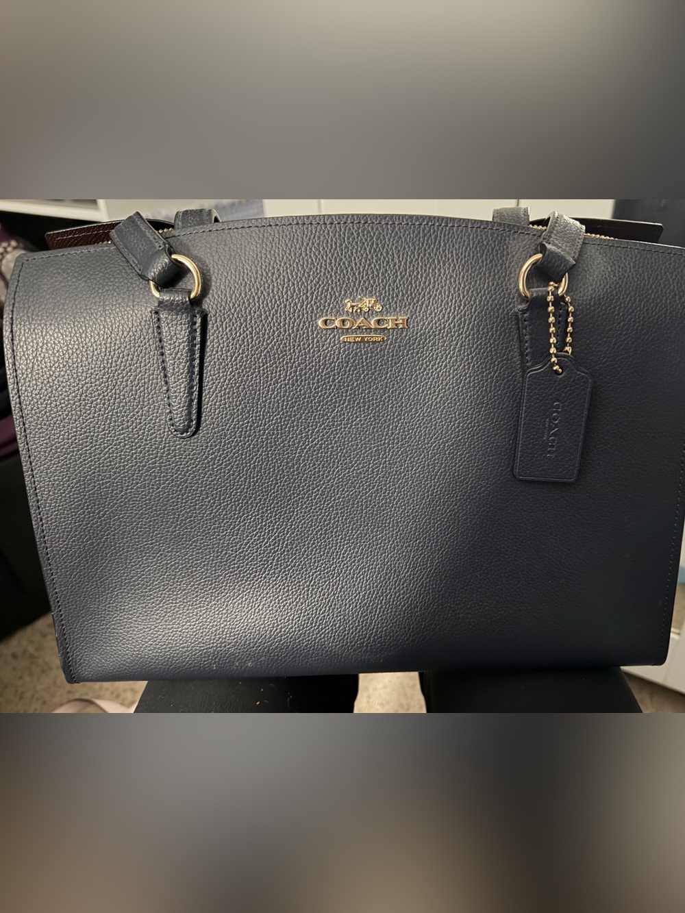 Coach Tatum Carryall in midnight navy blue textured pebbled leather gold-tones